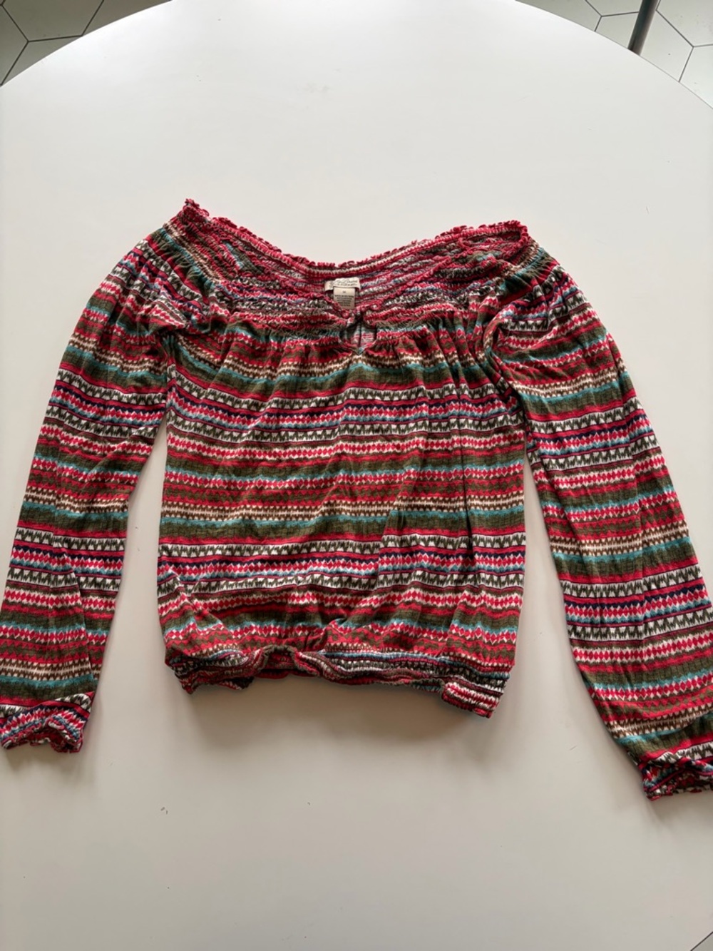 Lucky Brand Red Green Striped Off-Shoulder Top
